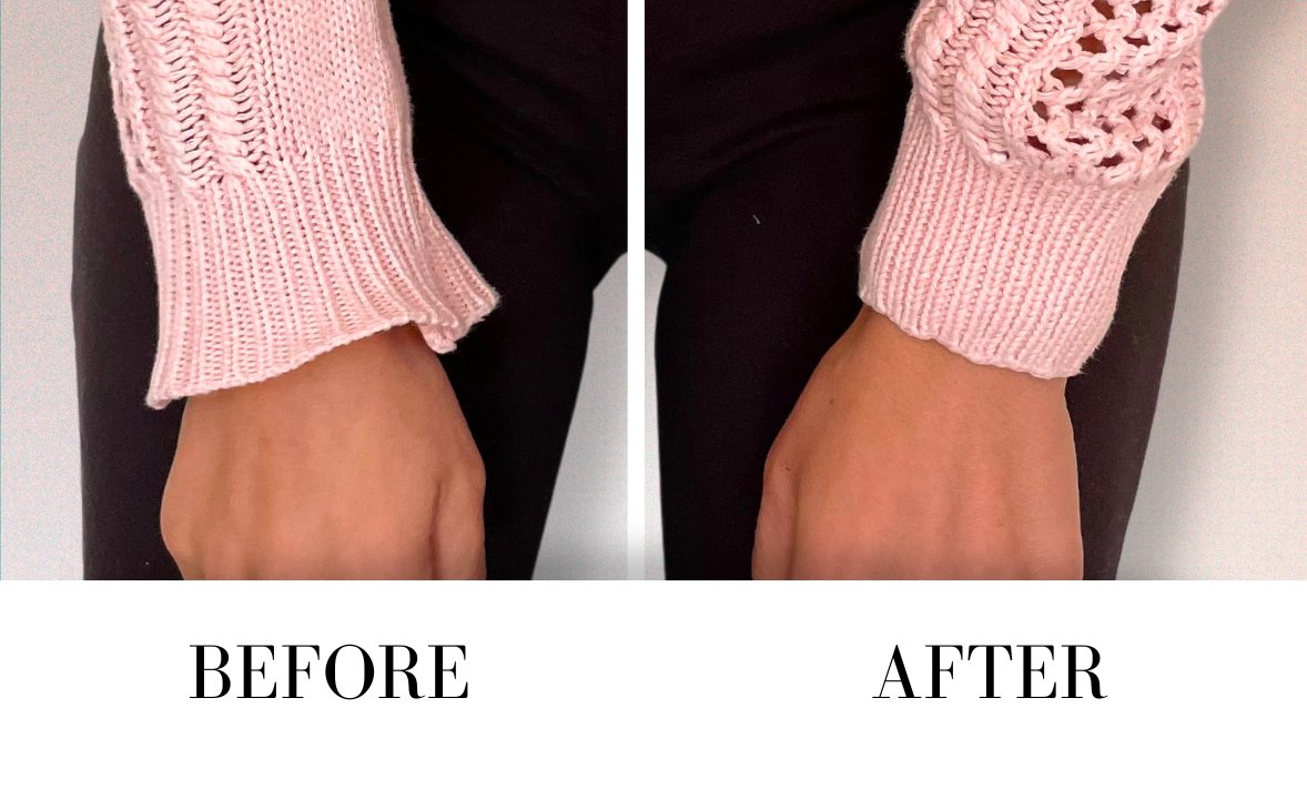 Before and after: stretched sweater cuffs repaired with elastic thread