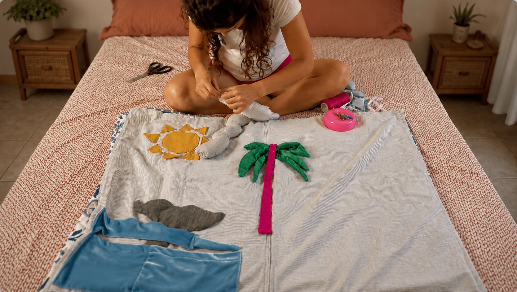 Valentina upcycling fabric on a bed, cutting and sewing a refashioned garment